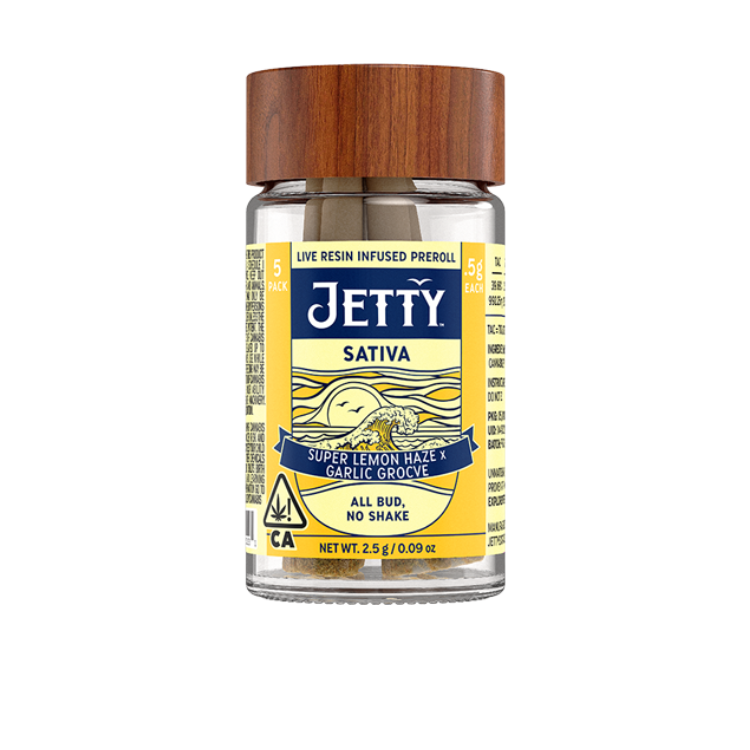 Close up of Jetty Extracts glass bottle with yellow label of High-THC Infused pre-rolls