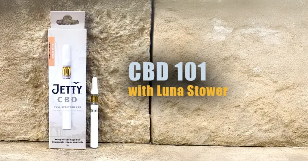 Jetty CBD disposable vape and packaging displayed against a stone wall, with overlay text reading “CBD 101 with Luna Stower.”