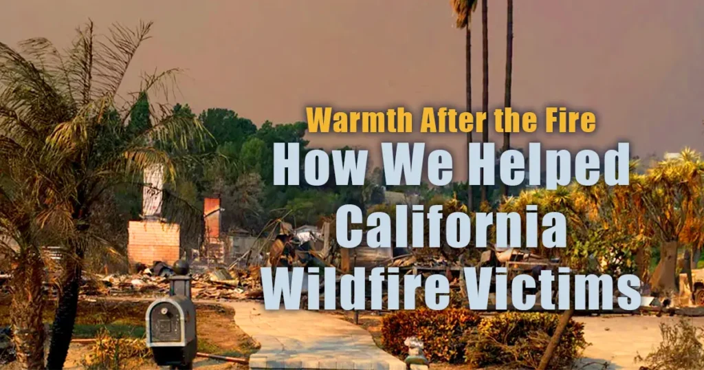 Burned residential neighborhood with damaged homes, debris, and palm trees after a wildfire in California, alongside the headline “Warmth After the Fire: How We Helped California Wildfire Victims.”
