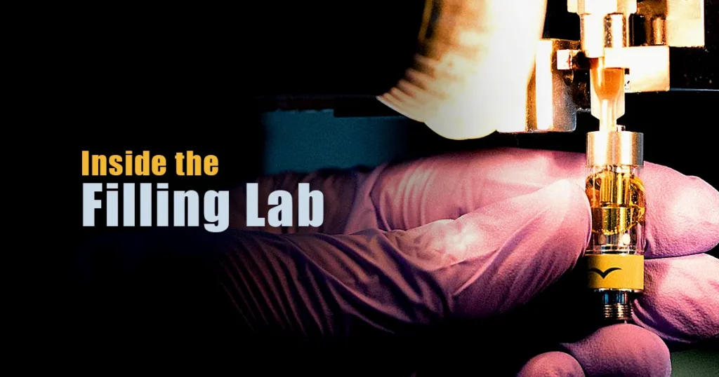 Gloved hands filling a Jetty vape cartridge with golden cannabis oil using lab equipment, alongside the text “Inside the Filling Lab.”