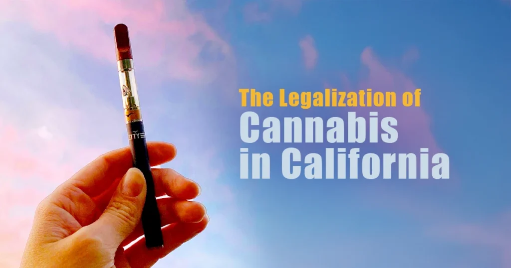 Hand holding a Jetty vape pen against a pastel sky, alongside the text “The Legalization of Cannabis in California.”