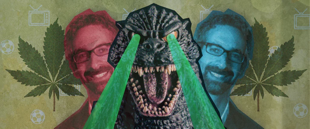 Graphic made of a photograph of the author washed in red and in blue while godzilla is superimposed inbetween these two colored versions