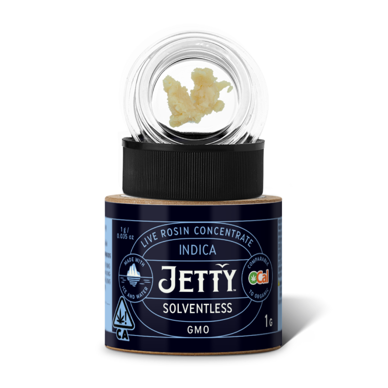 Jetty Extracts GMO Live Rosin – OCal-certified solventless concentrate with pungent garlic-diesel aroma and powerful indica effects, crafted for premium dabbing.