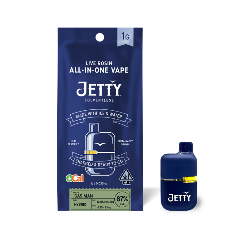 Jetty Extracts Gas Man All-in-One Vape. Pure and potent Solventless live rosin with gassy flavor and powerful effects in a sleek, ready-to-use device.