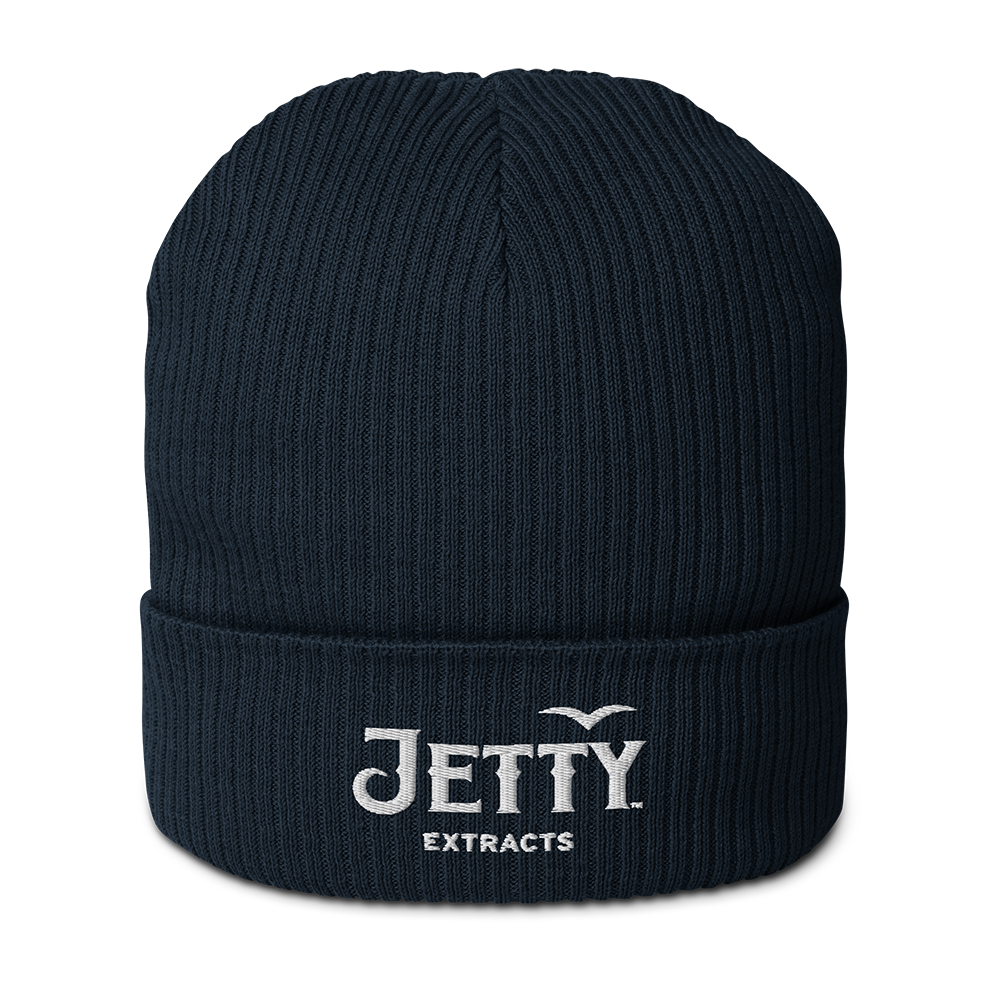 Navy Jetty Extracts beanie featuring a white embroidered logo on the front
