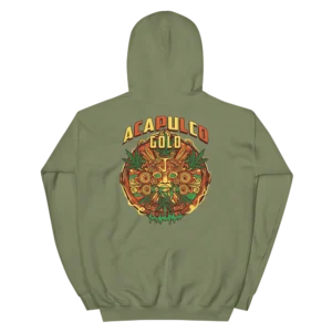 Flat lay of olive Acapulco Gold hoodie showing large back strain artwork