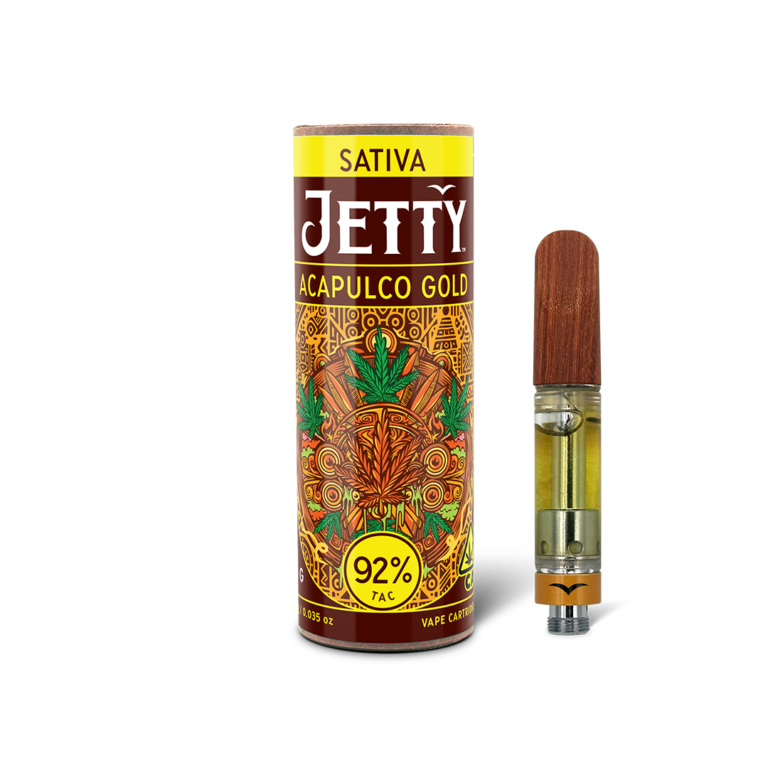 Jetty Extracts Acapulco Gold – legendary sativa strain with golden buds, earthy aroma, and uplifting effects in a solventless vape format