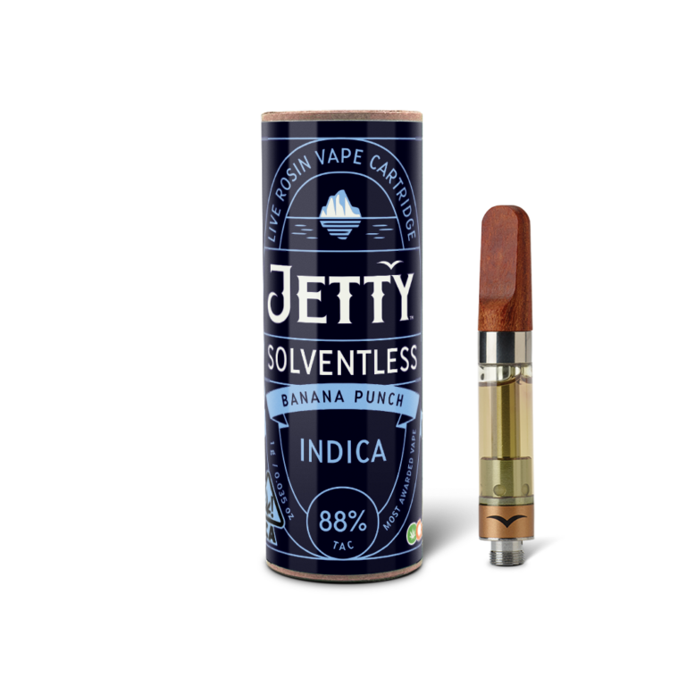 Jetty Extracts Banana Punch 510 Vape Cartridge – OCal comparable-to-organic solventless live rosin with sweet, tropical flavor and strong indica effects