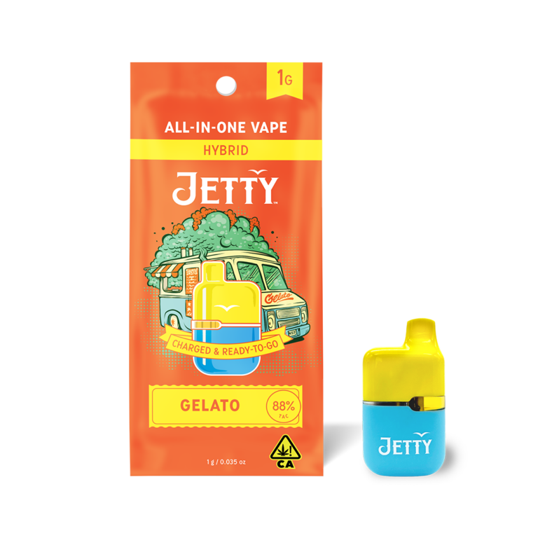 Jetty Extracts Gelato High THC All-in-One Vape – premium solventless live rosin with sweet, creamy flavor and high THC potency in a convenient, ready-to-use device.