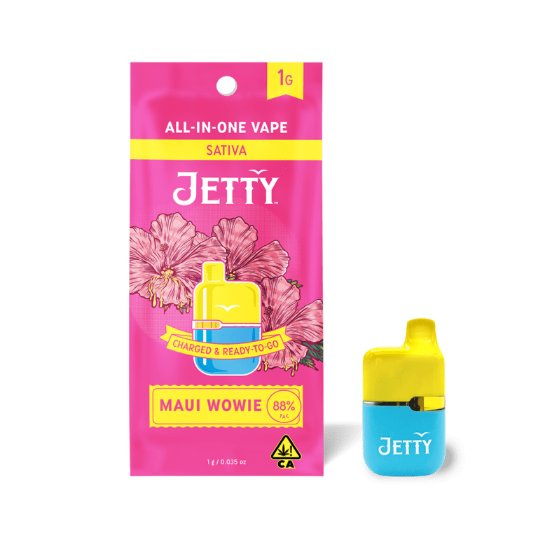 Jetty Extracts Maui Wowie Mini Tank – tropical sativa all-in-one vape with solventless live rosin, ready-to-use and bursting with tropical flavor.