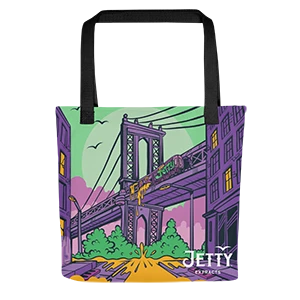 White tote bag with minimalist line art illustration of the Brooklyn Bridge.