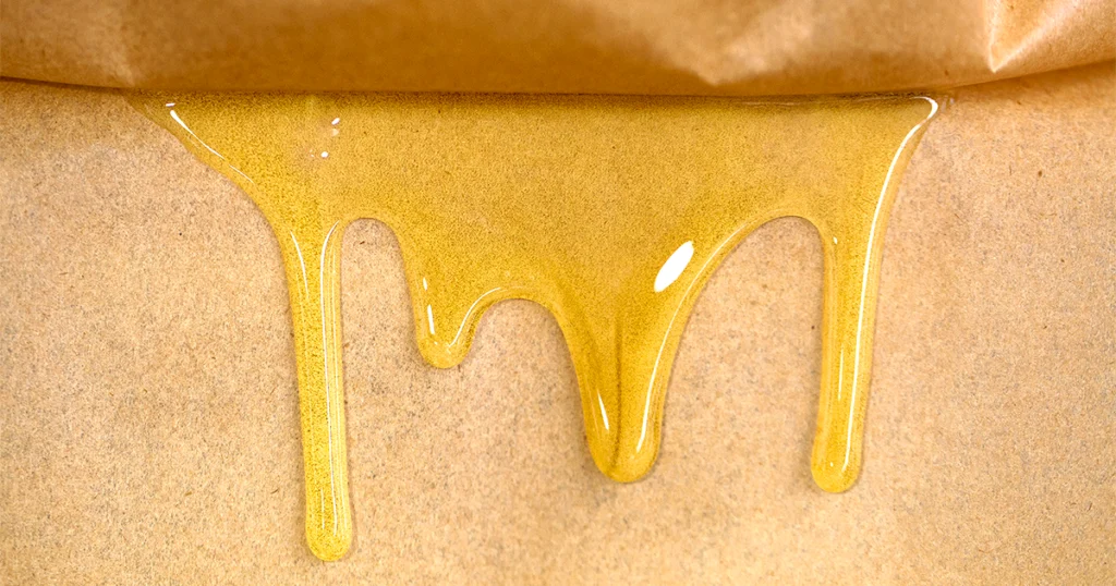 Close-up of golden rosin dripping down parchment paper during a solventless cannabis extraction process, resembling a glossy honey-like texture under warm lighting. Photo by Evan Thompson.
