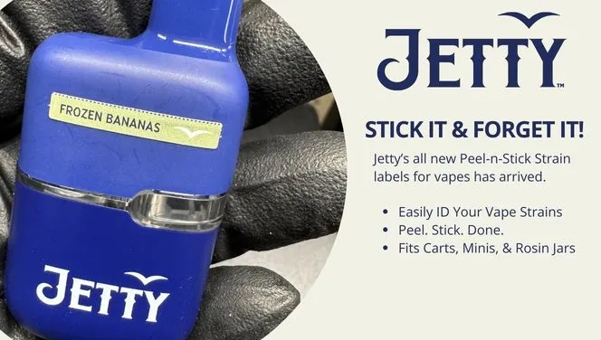 Jetty Peel-n-Stick Vape cart label shown on a blue mini all in one vape.