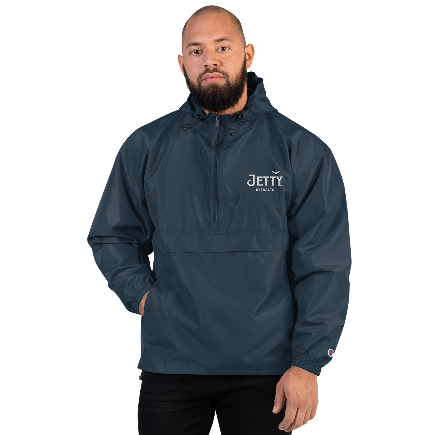 Navy Jetty × Champion embroidered cannabis jacket — 420 windbreaker