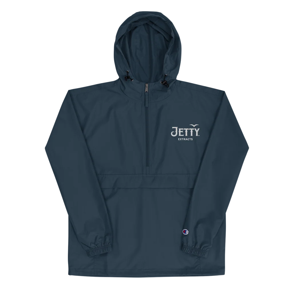 Navy Jetty × Champion embroidered cannabis jacket — 420 windbreaker