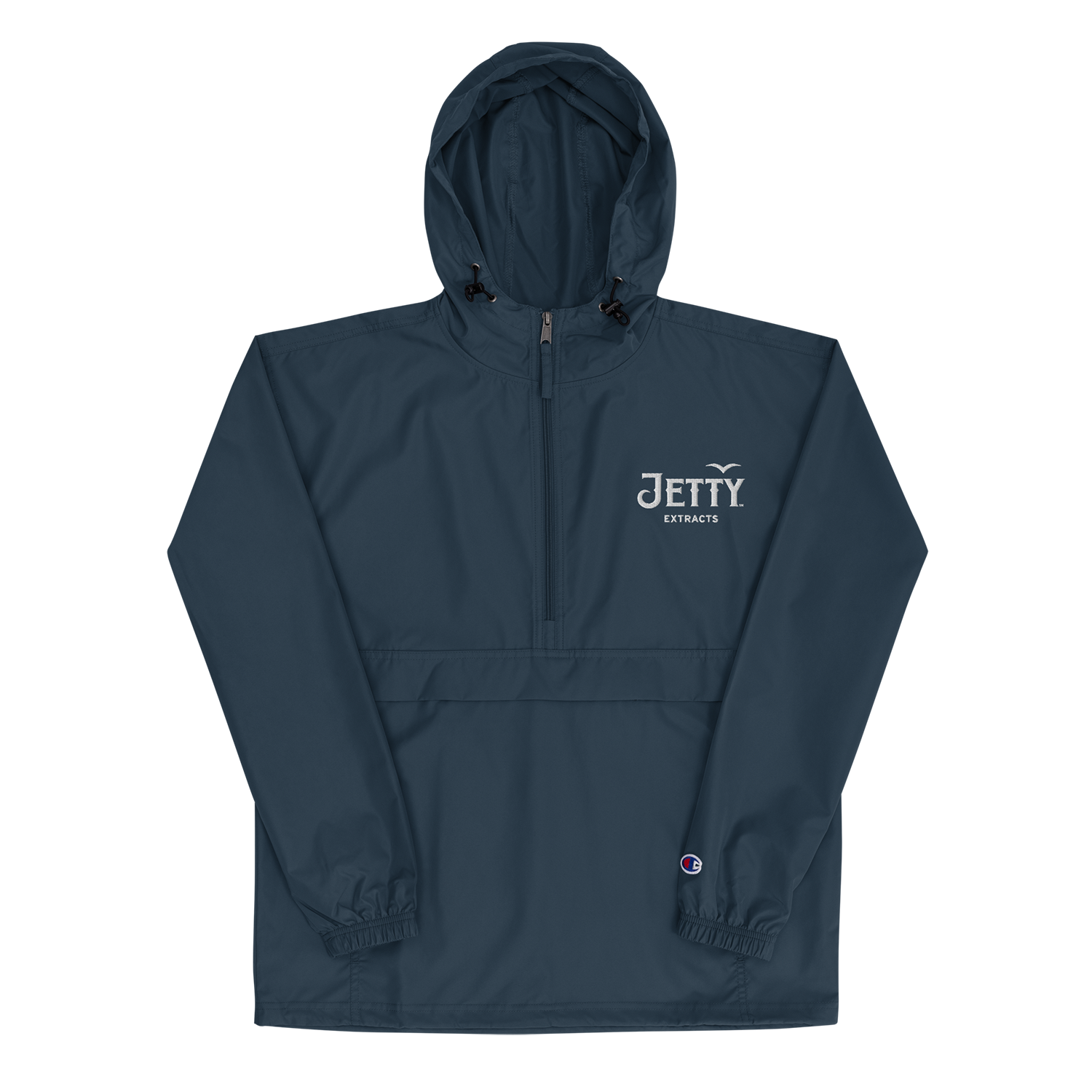 Navy Jetty × Champion embroidered cannabis jacket — 420 windbreaker