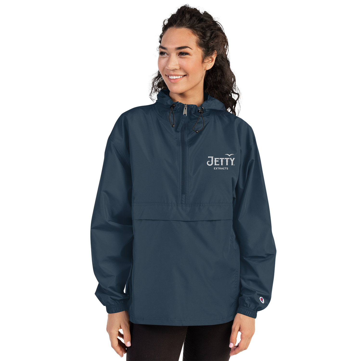 White embroidered Jetty Extracts logo on navy Champion stoner jacket