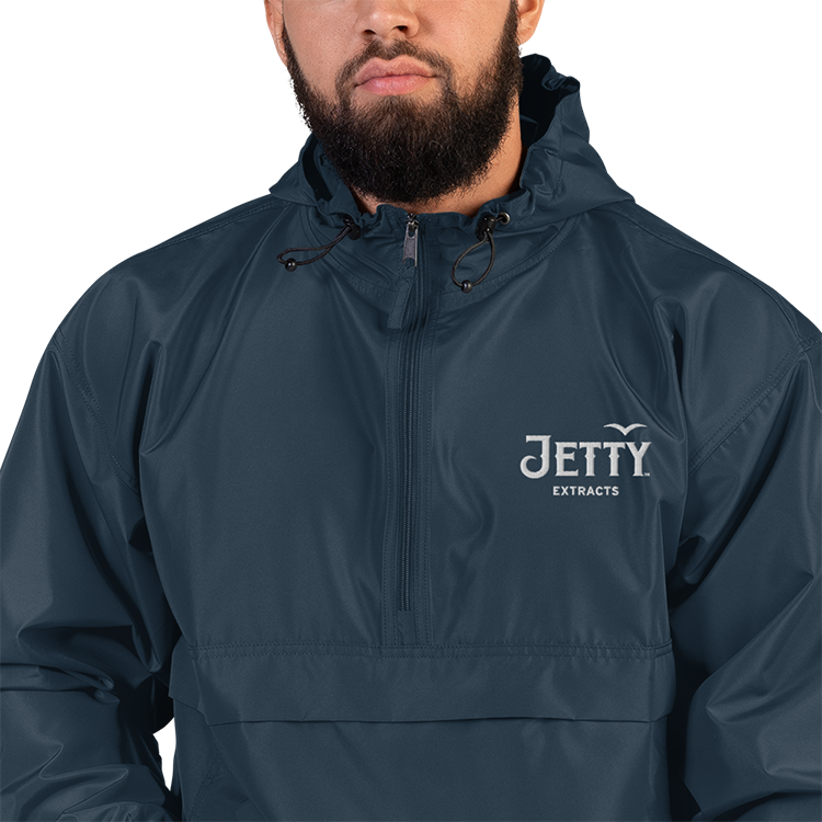 Lightweight navy weed jacket with Champion sleeve logo and hood