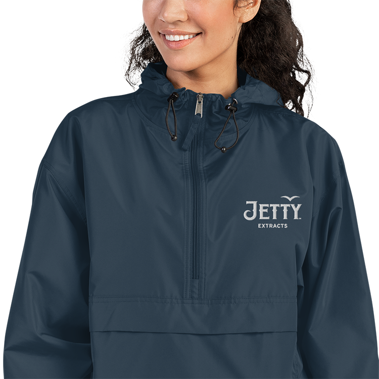 Lightweight navy weed jacket with Champion sleeve logo and hood