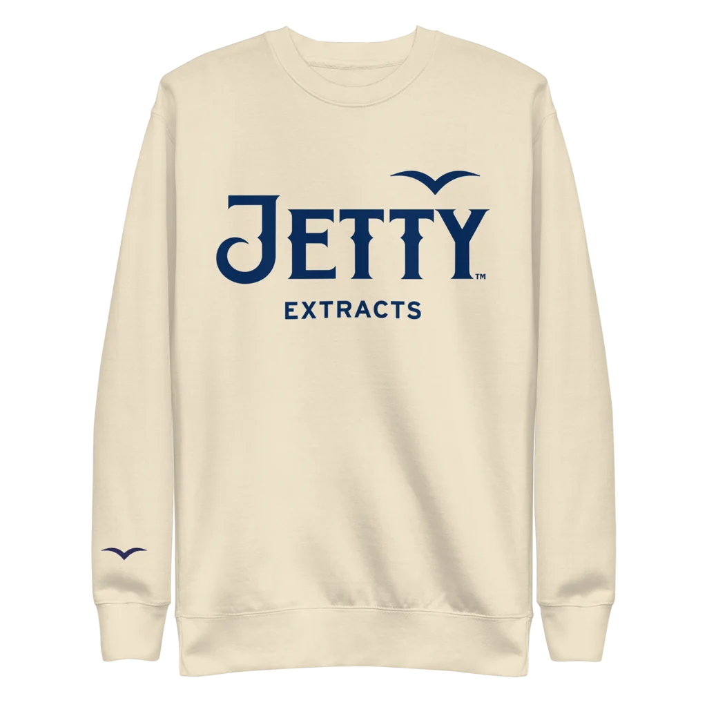 Khaki Jetty sweatshirt with embroidered navy Jetty Extracts logo