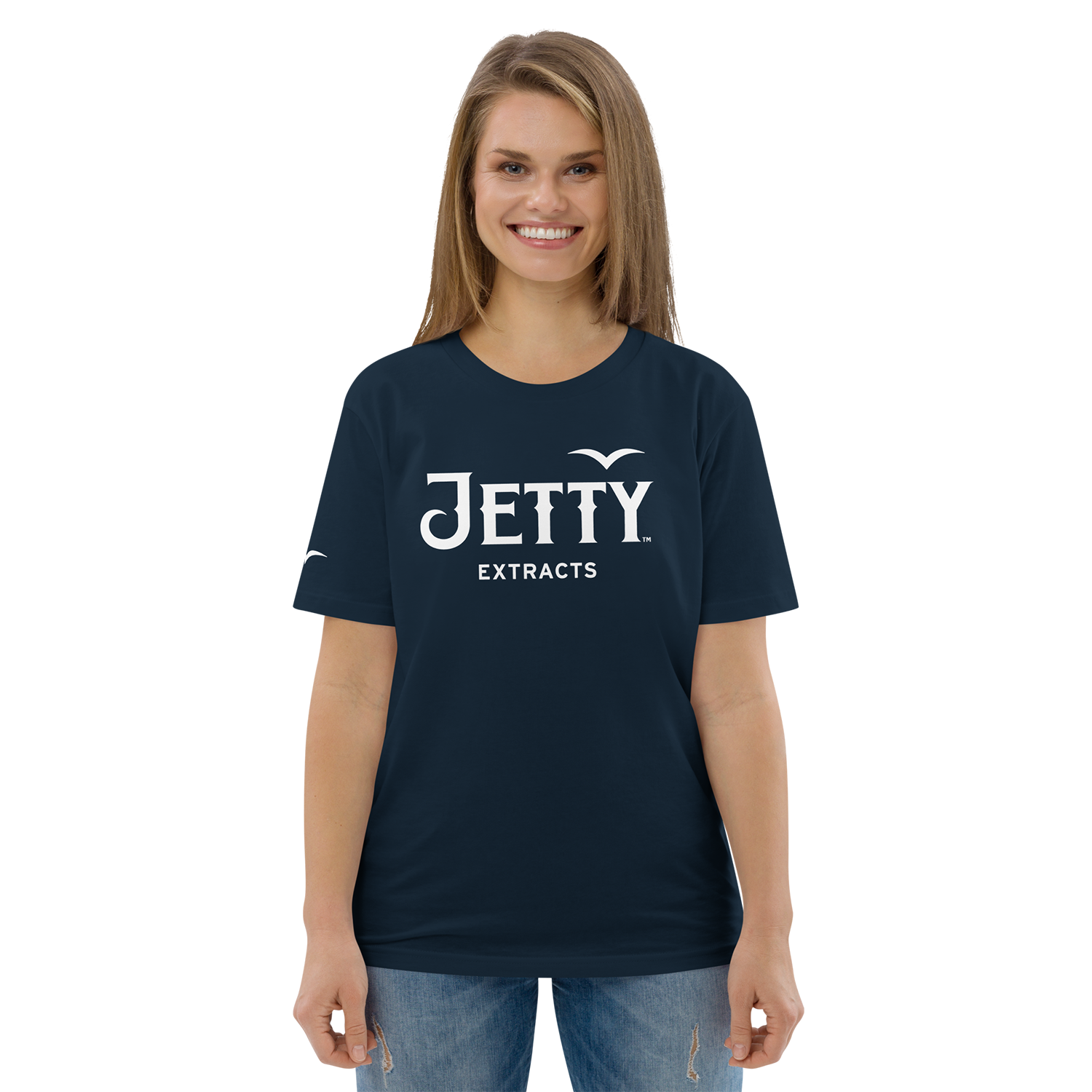 Navy Jetty cannabis t-shirt with bold logo front print
