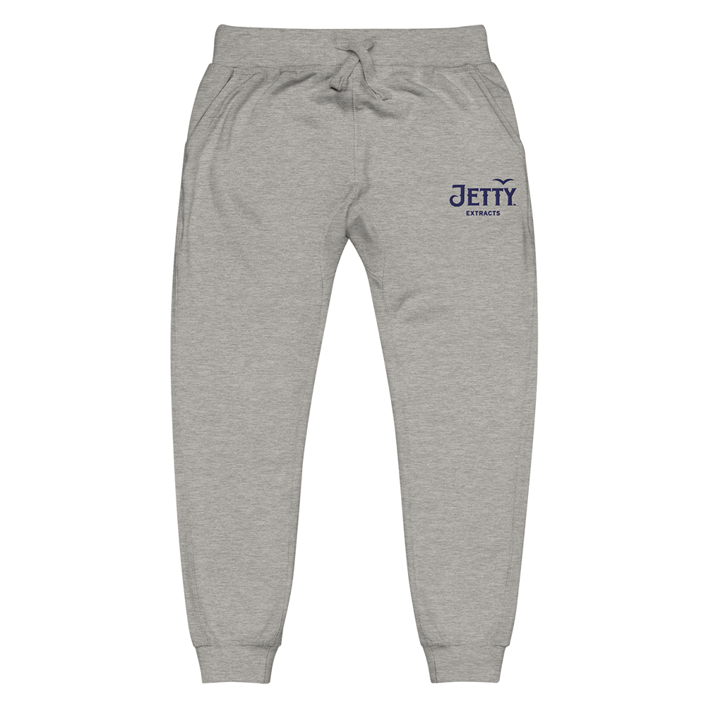 Comfortable gray sweatpants with Jetty logo stitched in navy blue on hip