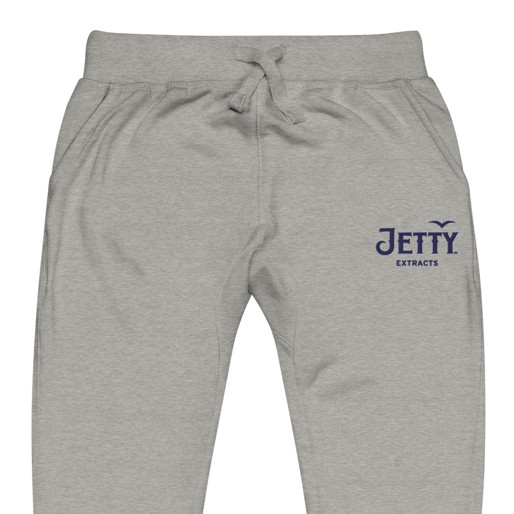 Gray everyday wear sweatpants with navy Jetty Extracts cannabis fashion embroidery