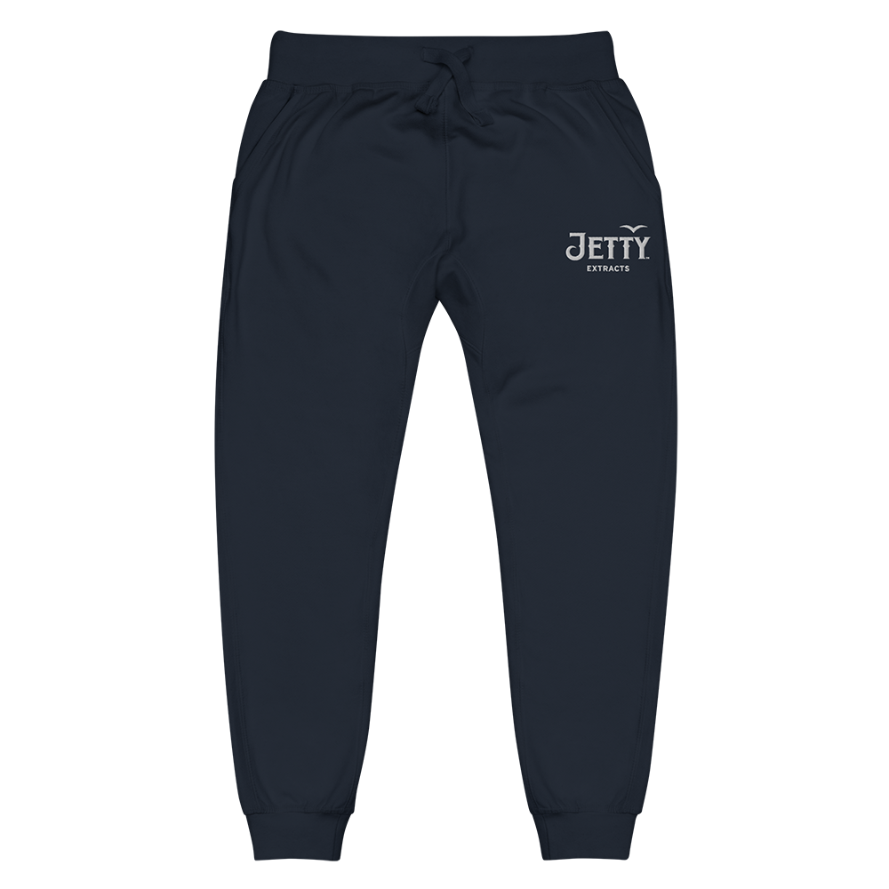 Navy fleece sweatpants with white embroidered Jetty Extracts logo — 420 apparel