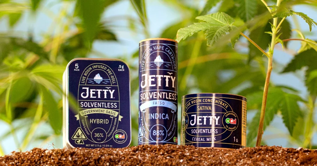 Jetty Solventless cannabis products displayed in soil with young cannabis plants in the background, featuring three items: a Live Rosin Infused Pre-Roll 5-Pack labeled “Government Oasis Hybrid 36% TAC,” a Live Rosin Vape Cartridge labeled “Fatso Indica 88%,” and a Live Rosin Concentrate labeled “Cereal Milk Sativa 1g,” all marked with the OCal Comparable-to-Organic certification.