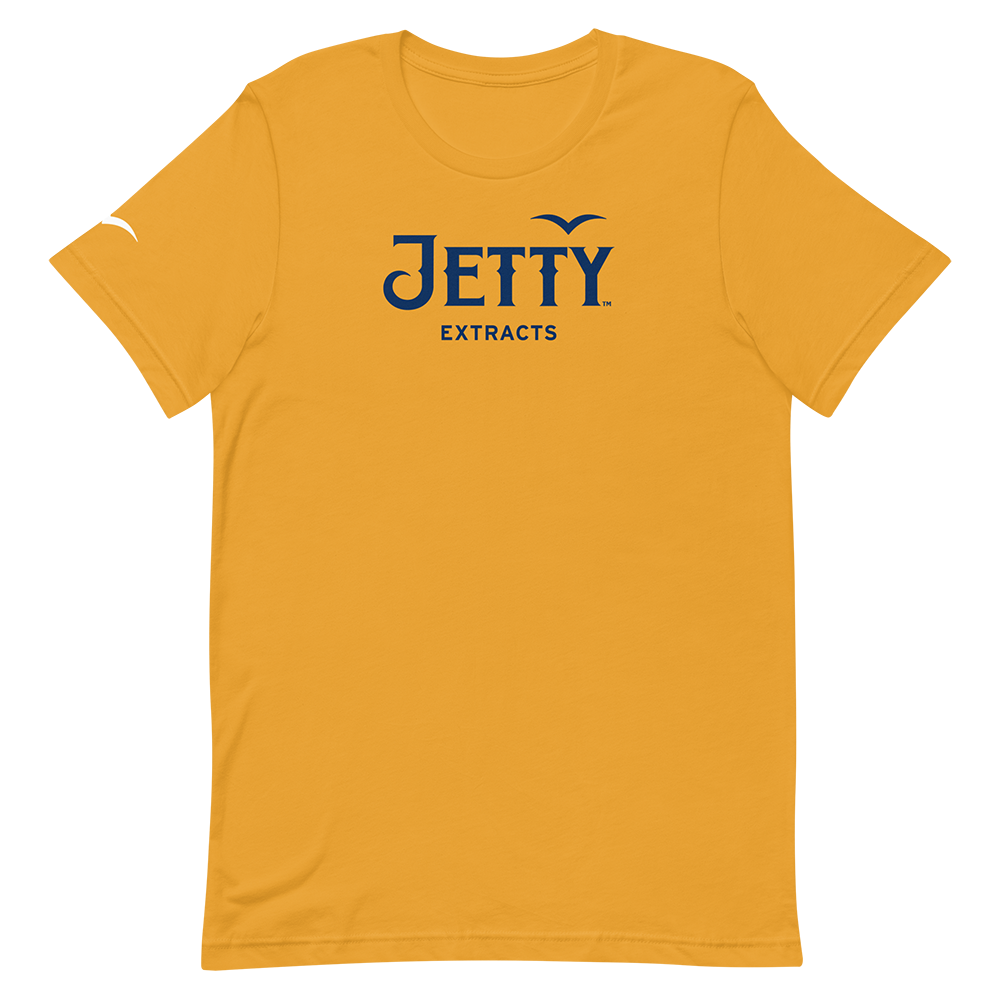 Mustard Jetty Extracts shirt featuring navy front logo and white sleeve bird print.