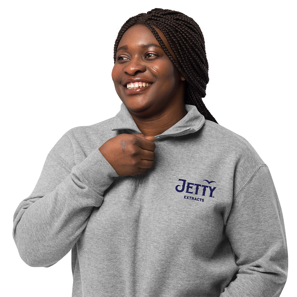 Jetty Extracts premium embroidered cannabis apparel fleece pullover.