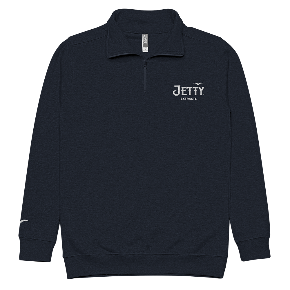 Navy Jetty Extracts fleece pullover with white embroidered logo on chest and Jetty bird sleeve detail.