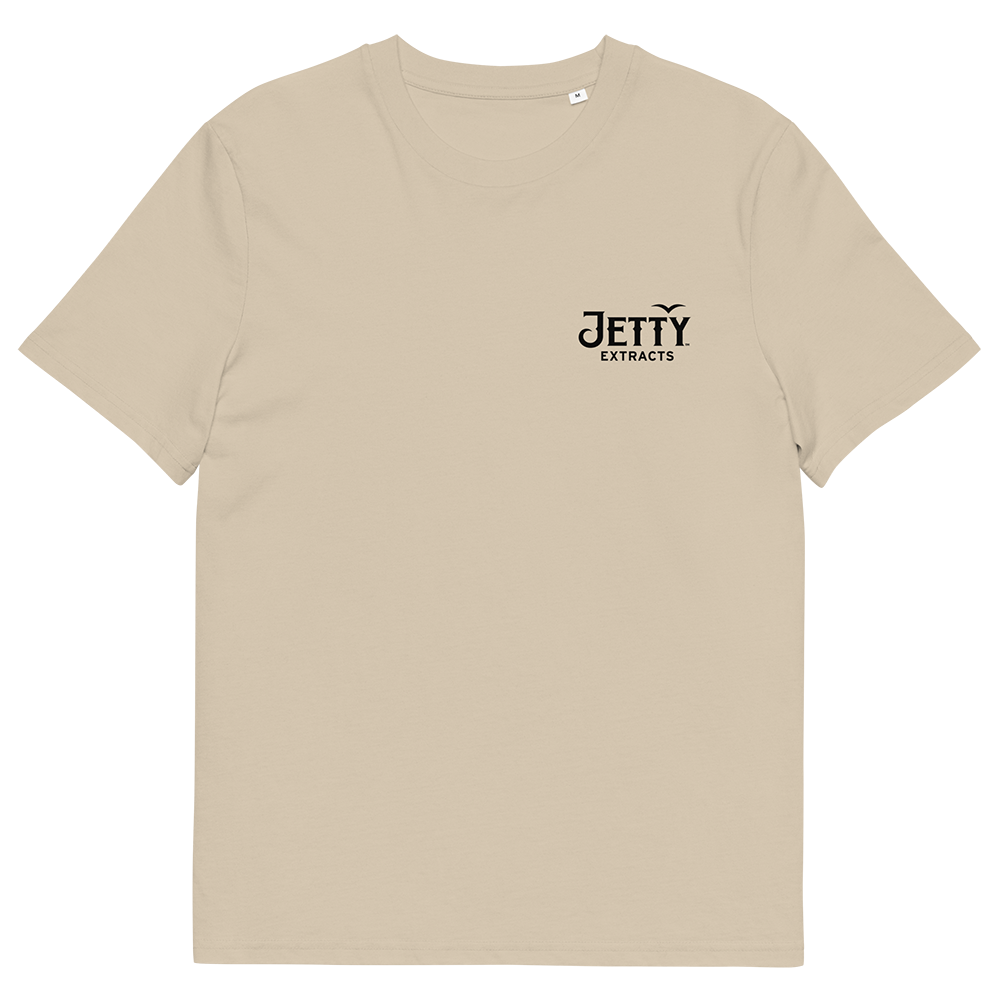 Khaki Acapulco Gold organic t-shirt with Jetty Extracts logo on right chest