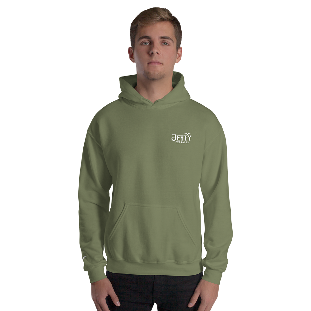 Male model wearing olive Acapulco Gold hoodie with Jetty Extracts 420 brand logo.