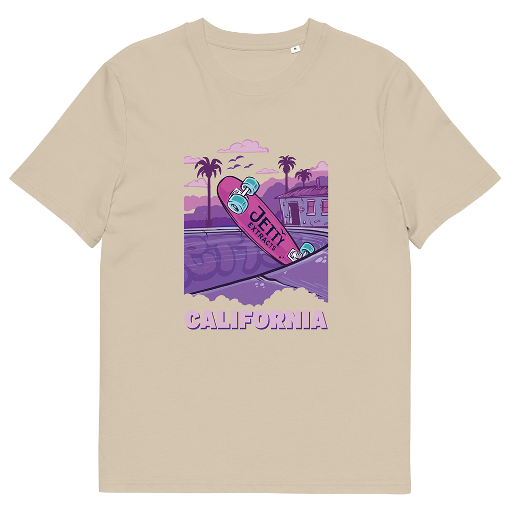 Khaki organic cotton t-shirt with CA High THC California skate graphic, eco-friendly cannabis apparel