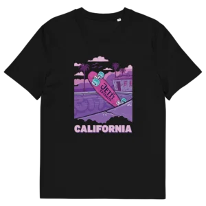 Black organic cotton t-shirt featuring CA High THC skate graphic, California cannabis lifestyle tee