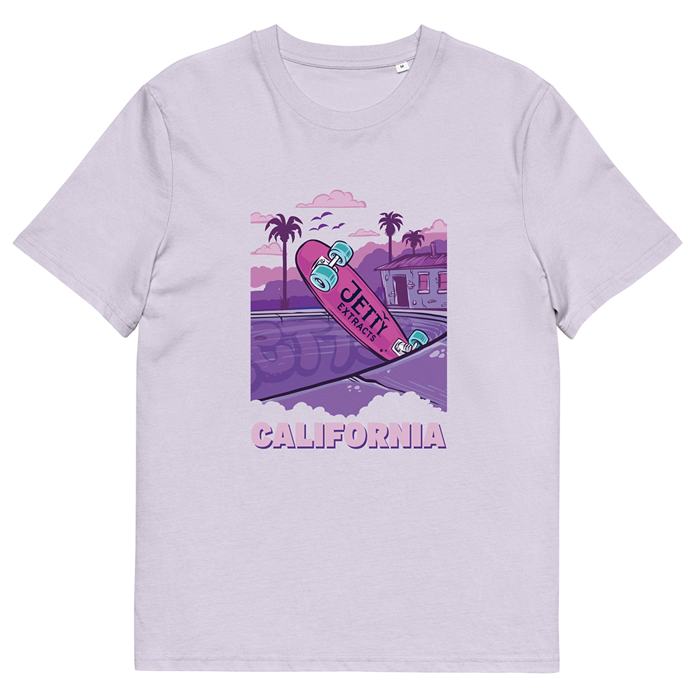 Pink organic cotton t-shirt featuring CA High THC skate graphic, California cannabis lifestyle shirt