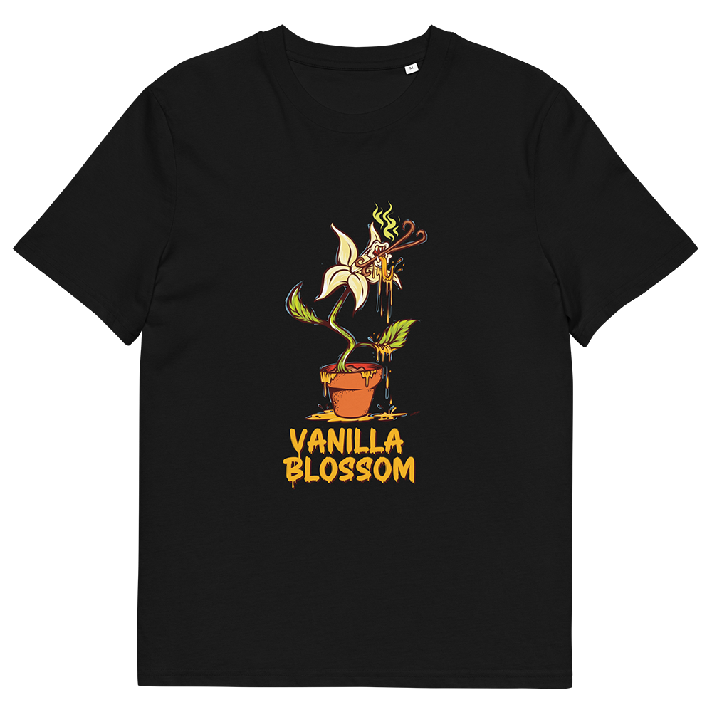 Black organic cannabis t-shirt featuring High THC Vanilla Blossom graphic, unisex 420 fashion tee
