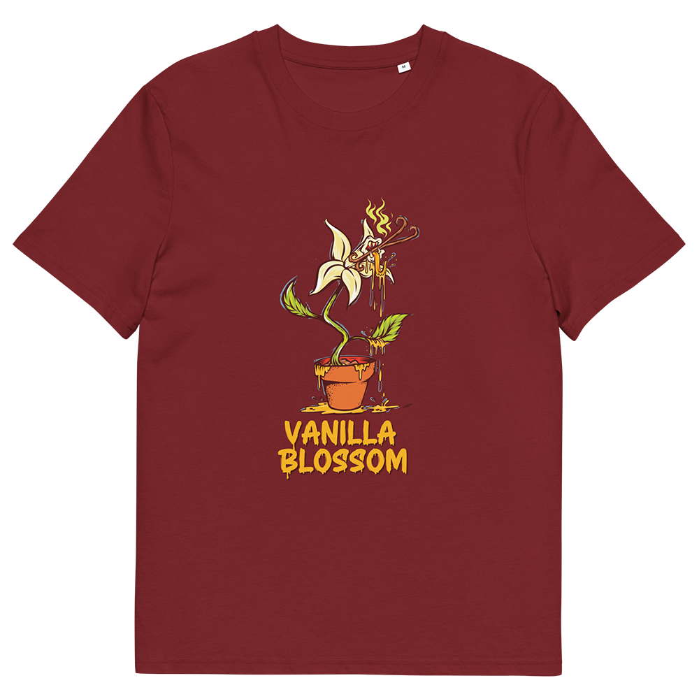 Burgundy organic cotton t-shirt with High THC Vanilla Blossom graphic, cannabis lifestyle apparel