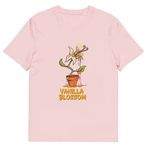 Pink organic cotton t-shirt featuring High THC Vanilla Blossom cannabis graphic, unisex 420 lifestyle tee