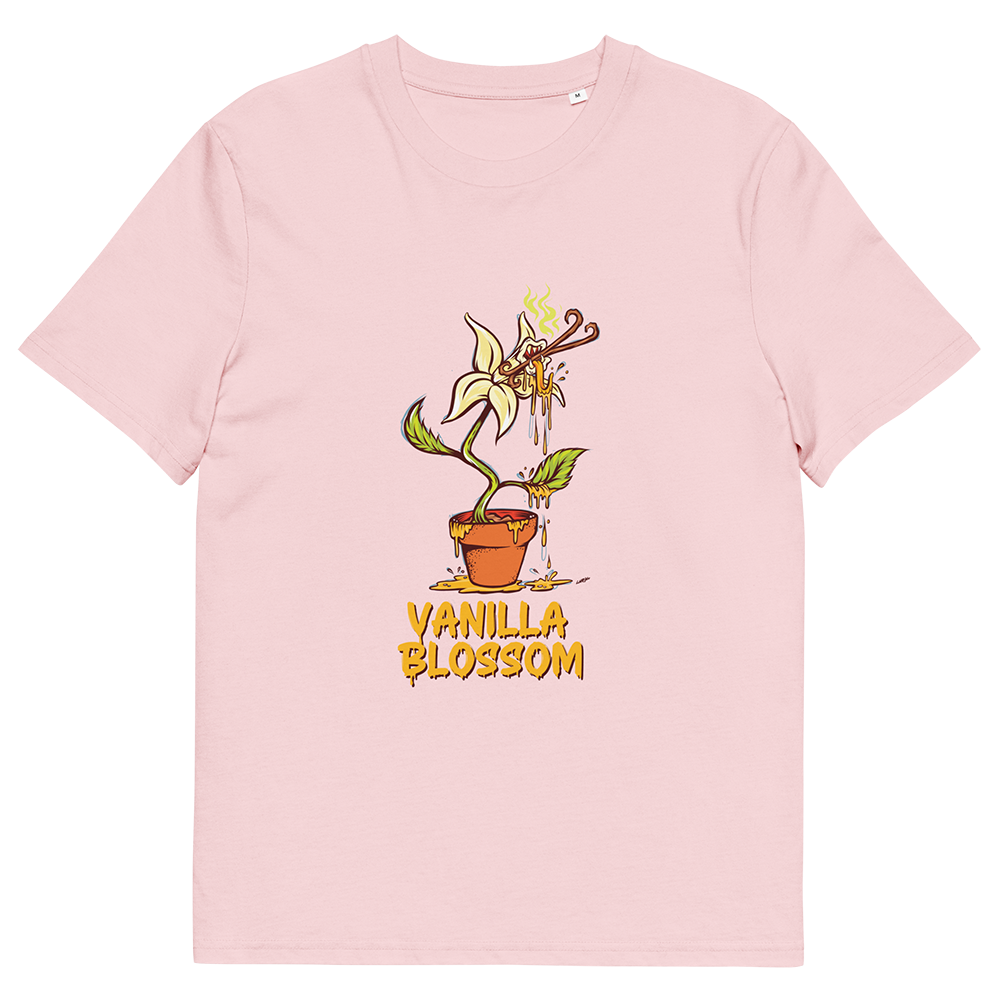 Pink organic cotton t-shirt featuring High THC Vanilla Blossom cannabis graphic, unisex 420 lifestyle tee
