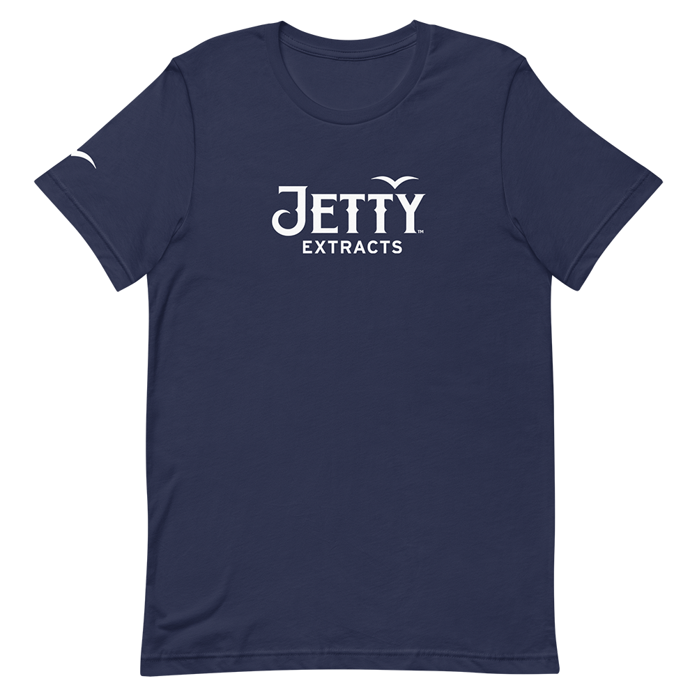 Navy Jetty Extracts logo t-shirt with white cannabis brand logo printed on chest and Jetty bird sleeve graphic.