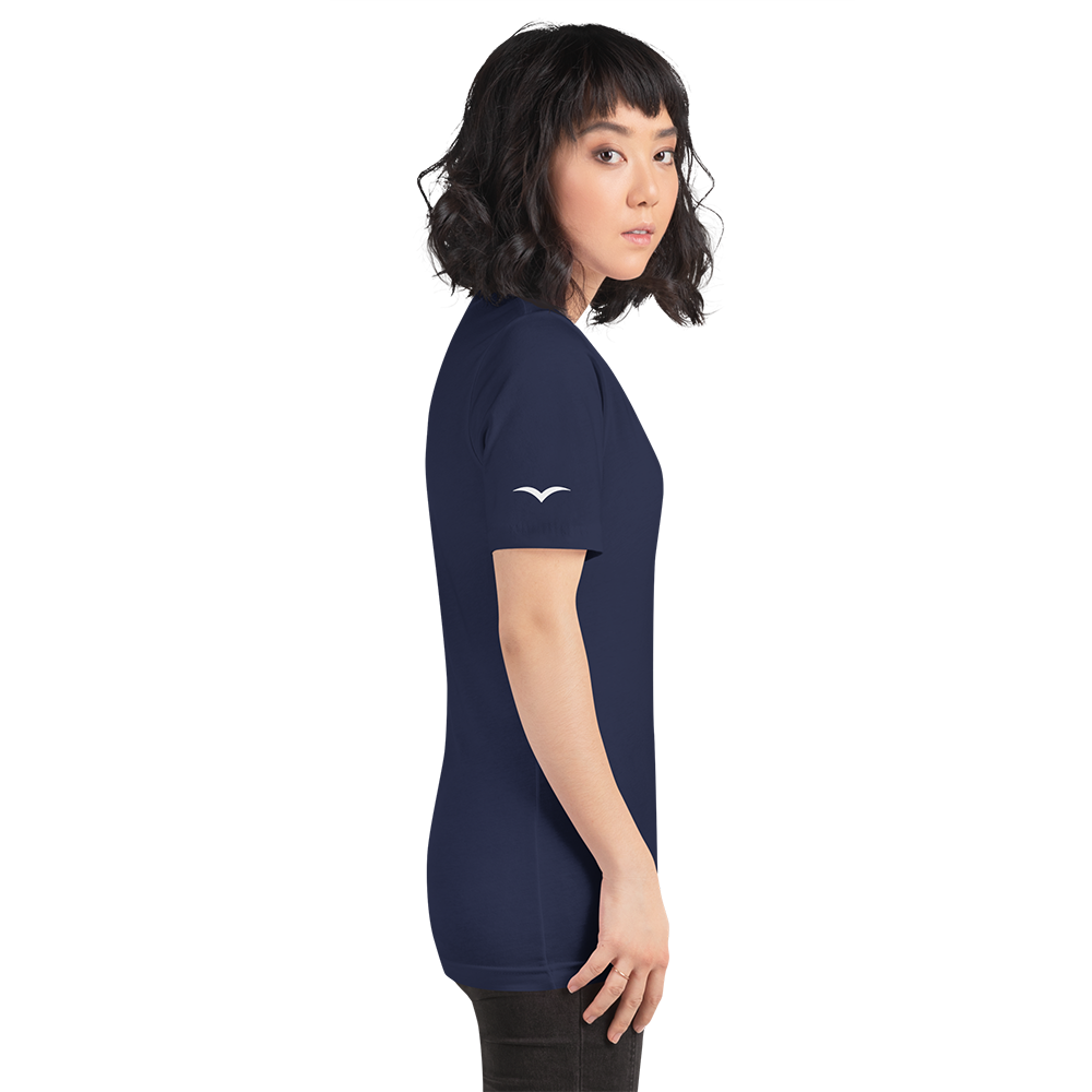 Female model wearing navy Jetty Extracts cotton t-shirt from side angle, unisex fit cannabis 420 lifestyle tee