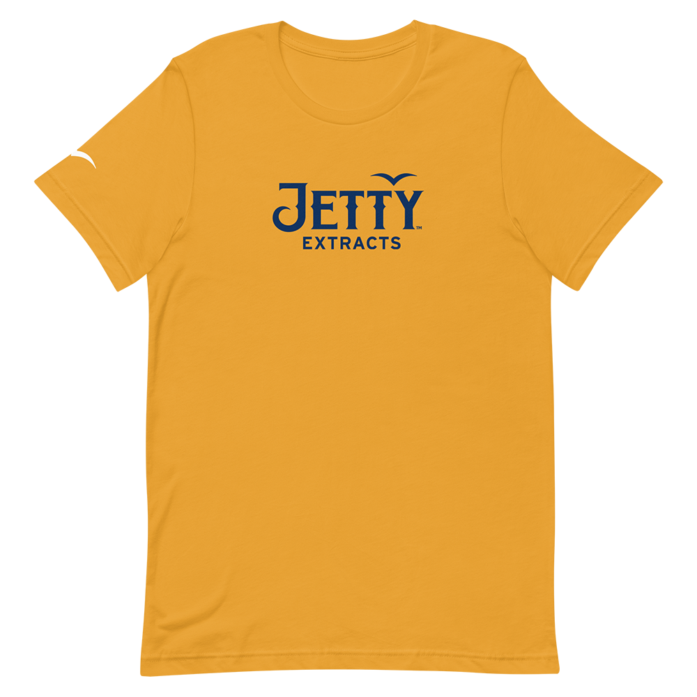 Mustard Jetty Extracts shirt featuring navy front logo and white sleeve bird print