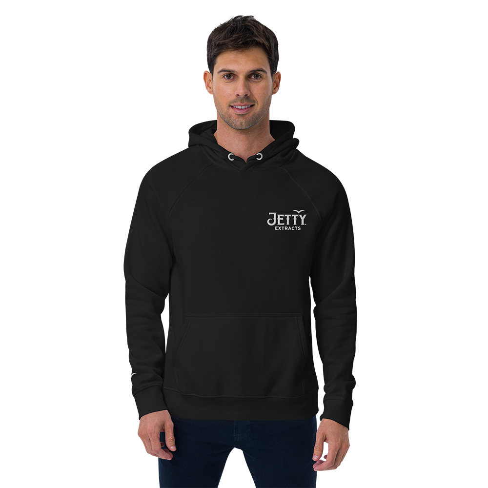 Black Jetty Unisex Embroidered Eco Hoodie with chest logo and bird embroidery on sleeve