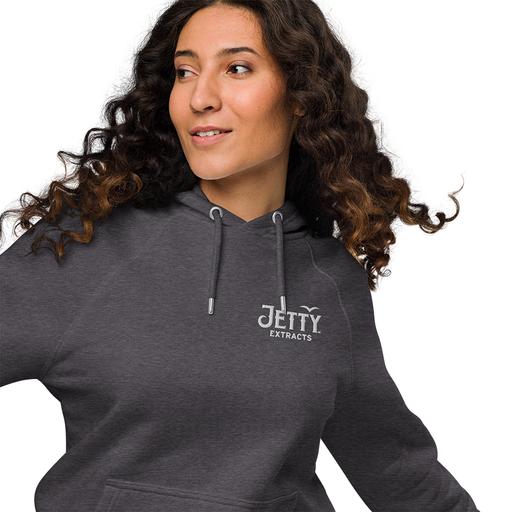 Dark charcoal gray Jetty Unisex Embroidered Eco Hoodie with embroidered chest logo and sleeve bird detail