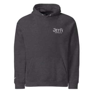 Dark charcoal gray Jetty Extracts Unisex Embroidered Eco Friendly Hoodie with embroidered chest logo and sleeve bird detail