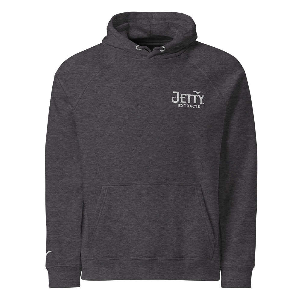 Dark charcoal gray Jetty Extracts Unisex Embroidered Eco Friendly Hoodie with embroidered chest logo and sleeve bird detail