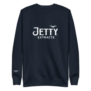 Navy sweatshirt with Jetty Extracts logo