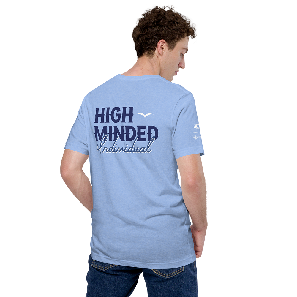 Back of the Jetty Extracts x SeedTalent collab tshirt featuring bold "High Minded Individual" cannabis industry graphic.